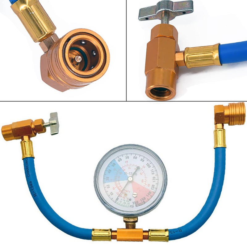 LIYYOO R134a AC Refrigerant Recharge Hose Kit, with Measuring Pressure Gauge and 1/2â€™â€™ Acme Can Opener Tap Dispensing Valve Fit for Car AC Air Conditioning Refrigerant Charging - Image 1